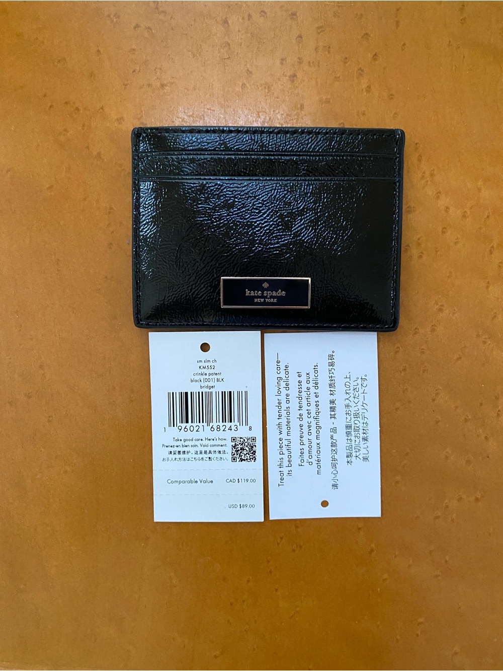 NWT $89 Kate Spade Bridget Black Crinkle Patent Leather Cardholder Wallet KM552